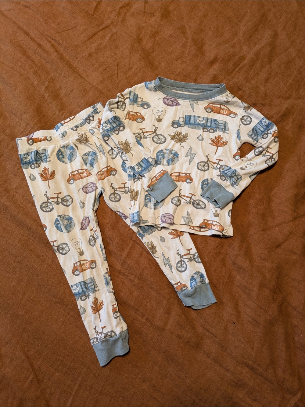 Organic Cotton Kids Pajama Set with Blue Trim and Vehicle Print
